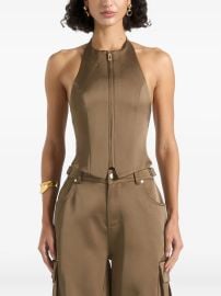 Manire De Voir Claudette In Dark Olive Satin Halterneck Backless Top Brown at Farfetch
